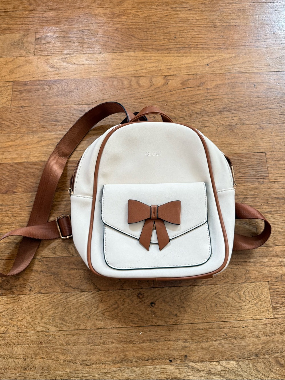 Cream and Brown Leather Bow Accent Mini Backpack